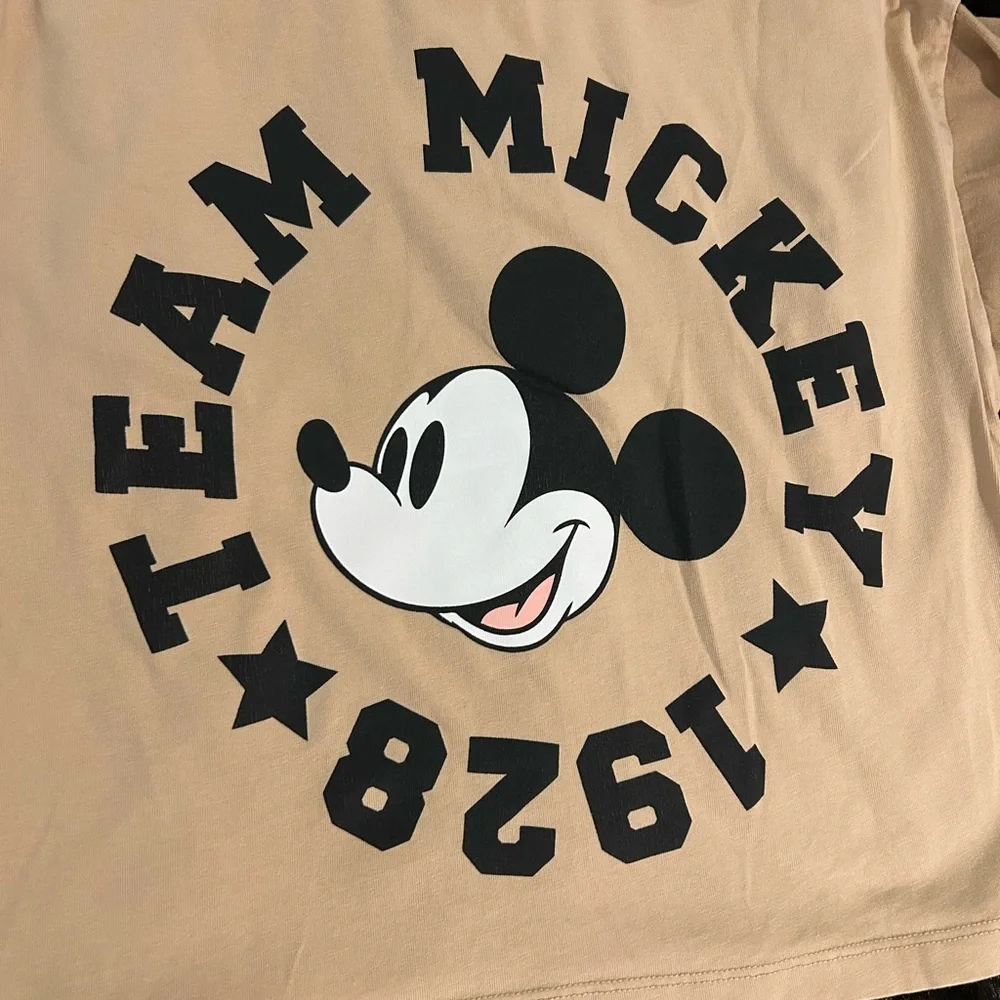 Disney Mickey Mouse Cropped Polo Sweatshirt Girls Size 13/14 Tan Colorblock
